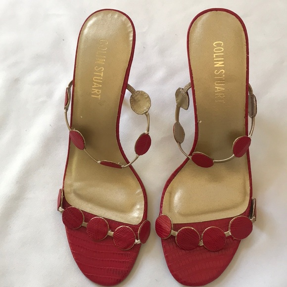 COPY - Colin Stuart red & gold strappy high heel sandal 9 - Picture 1 of 8